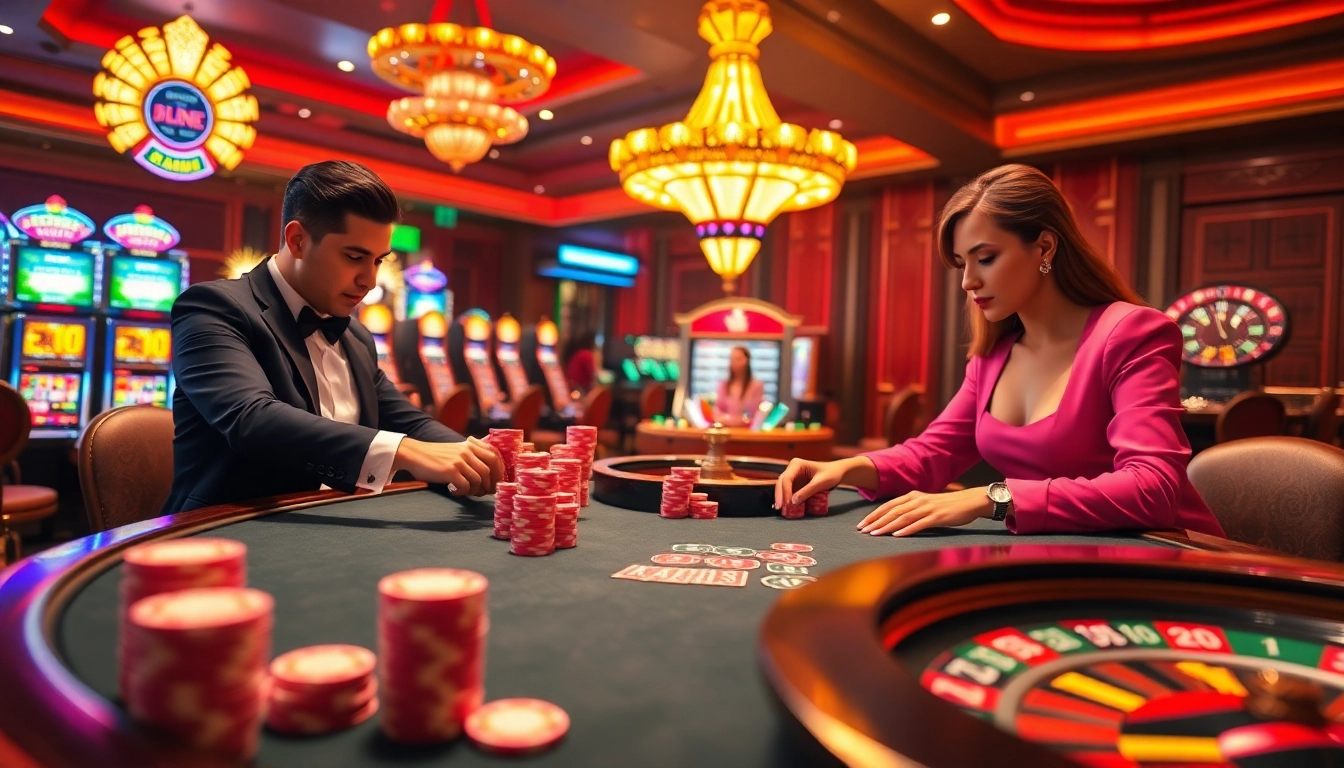 High-stakes poker game at Xin88 showcasing players, chips, and vibrant casino lights.