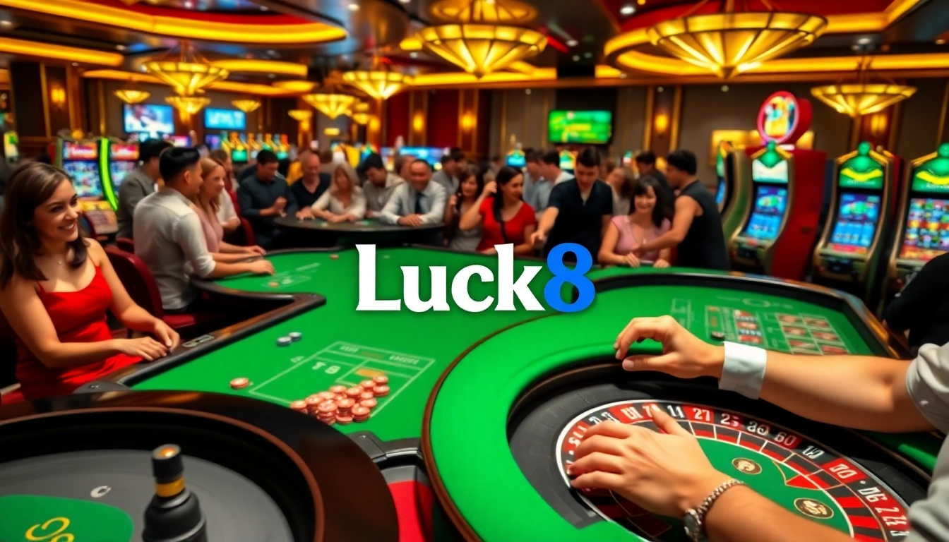 LUCK8 logo shines in a vibrant casino atmosphere with roulette, poker, and slot games.