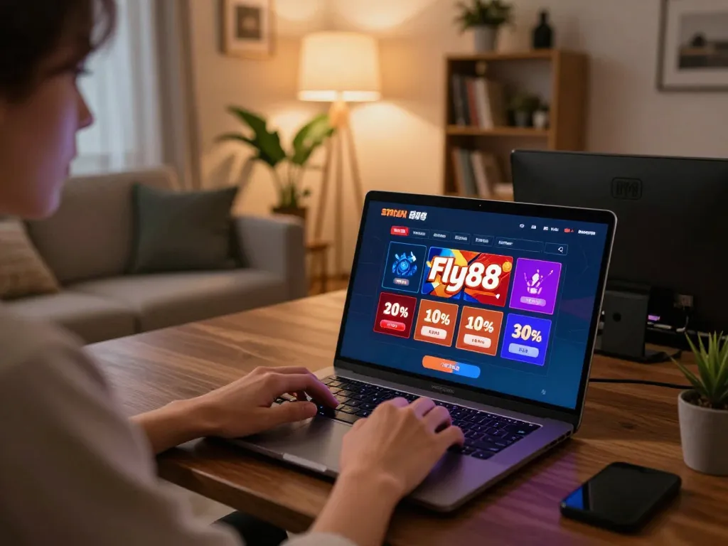 Player engaged with Fly88 casino app on laptop at cozy home setup showcasing responsible gaming atmosphere.
