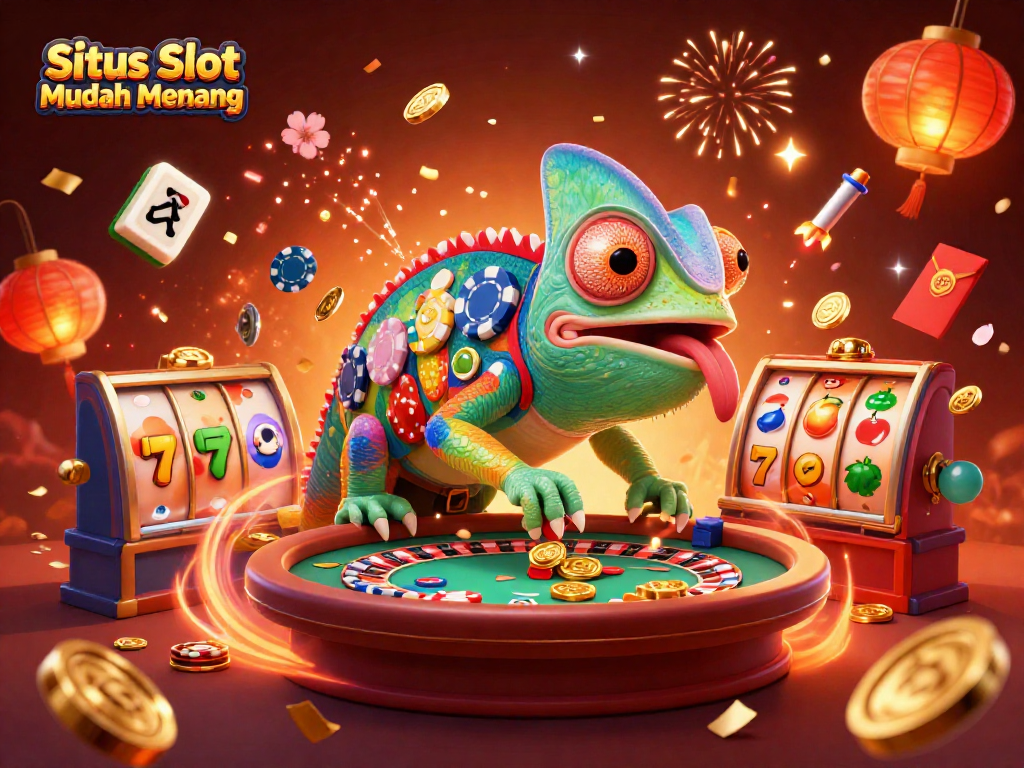 Situs Slot Mudah Menang showcases a vibrant casino scene with a colorful chameleon dealer and spinning slot reels.