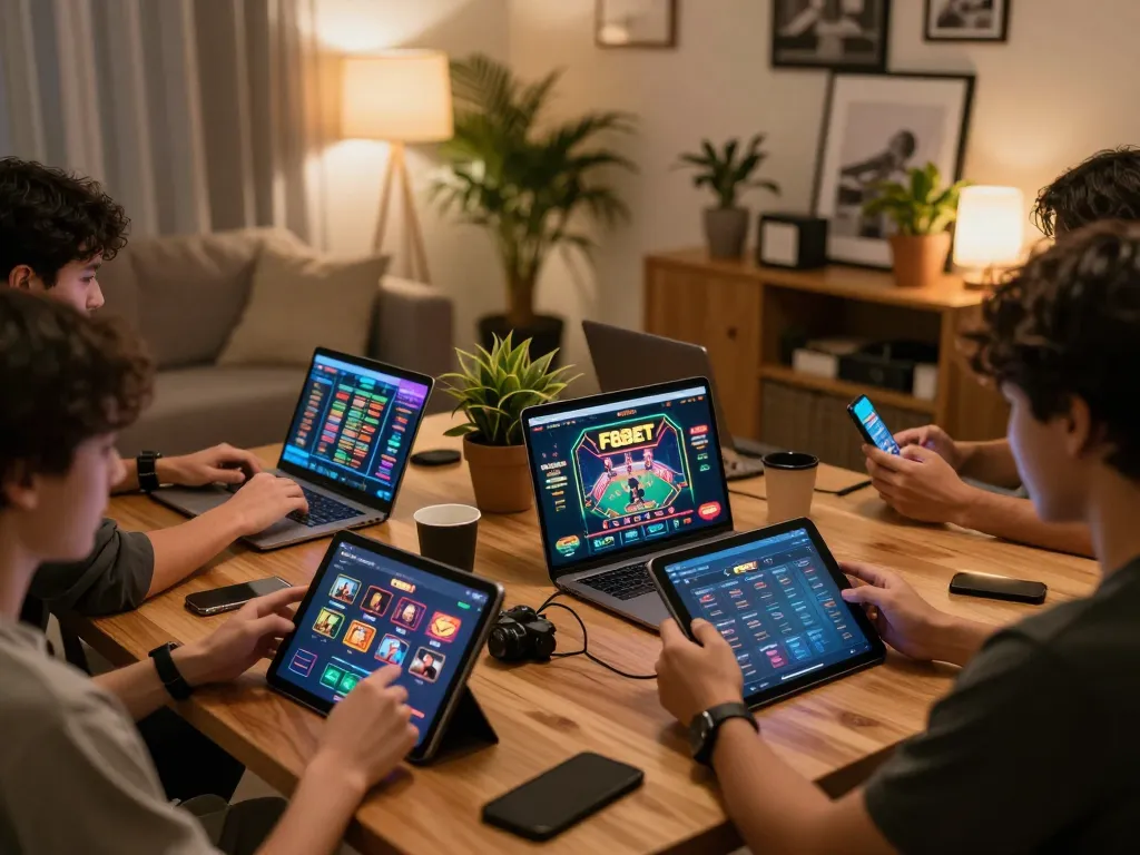 Players enjoying F8BET gaming app in a cozy home setup, showcasing modern tablet screens and vibrant casino visuals.