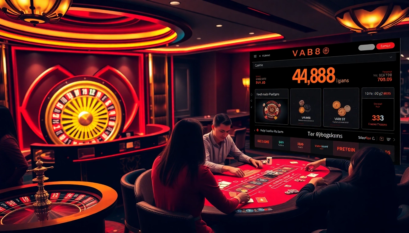 Players enjoying high-stakes gaming at VA88 casino with roulette tables and vibrant atmosphere.