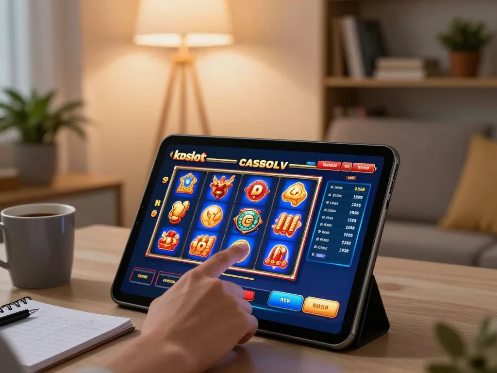 Engaging with kdslot on tablet while enjoying a cozy home gaming setup.