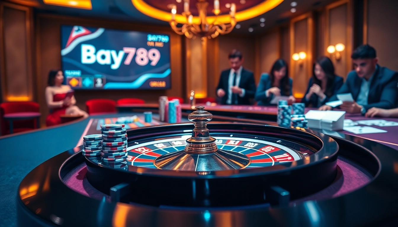 Exciting gameplay at Bay789 featuring casino tables and vibrant roulette wheels