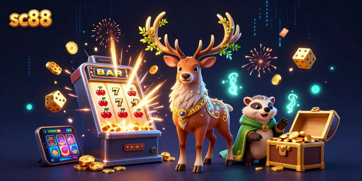 Win big with sc88 in this vibrant scene of a Celtic druid and badger surrounded by dazzling casino elements.