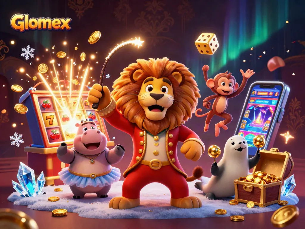 Engage with Glomex's exciting casino vibe featuring adorable characters amidst a jackpot explosion.