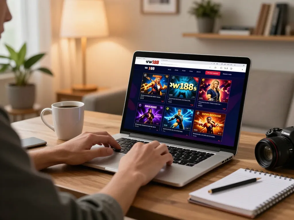 w188 online casino gaming session showcasing player engaged with laptop and strategy notes
