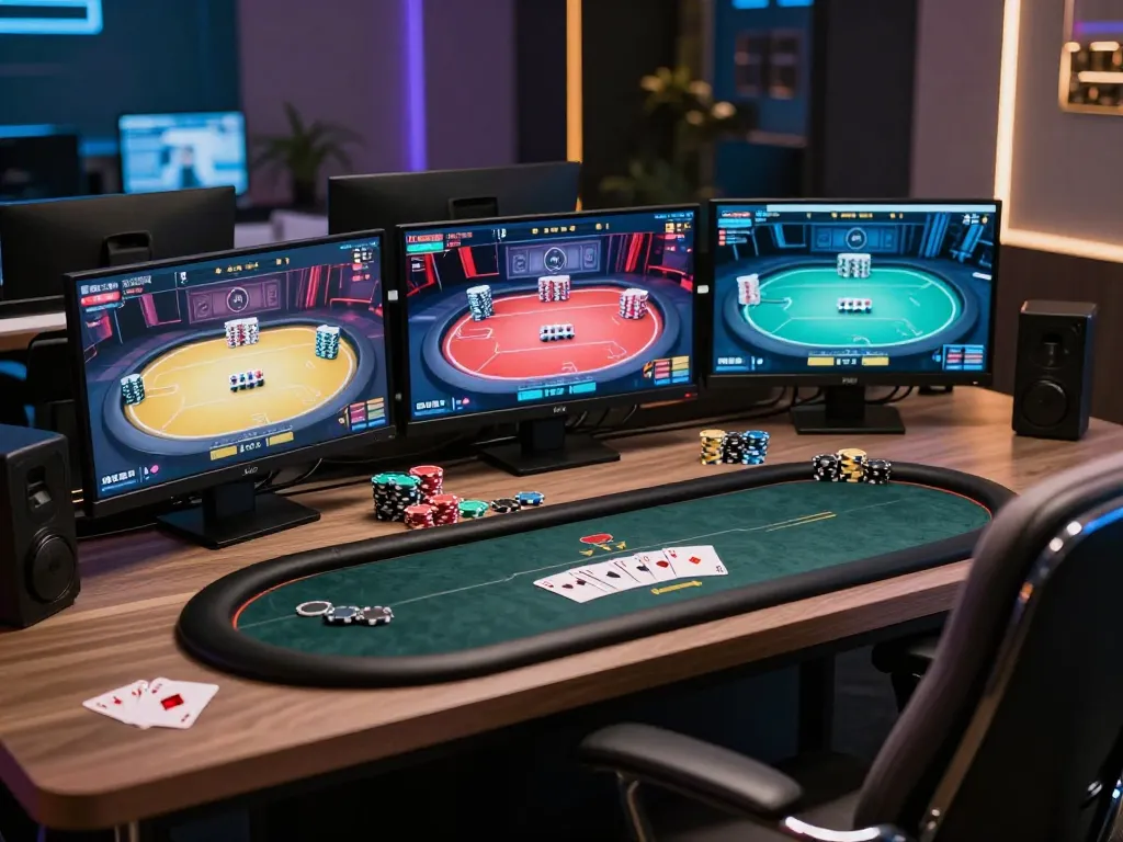 Experience thrilling online poker strategically with f8beta2 at a stylish gaming setup.