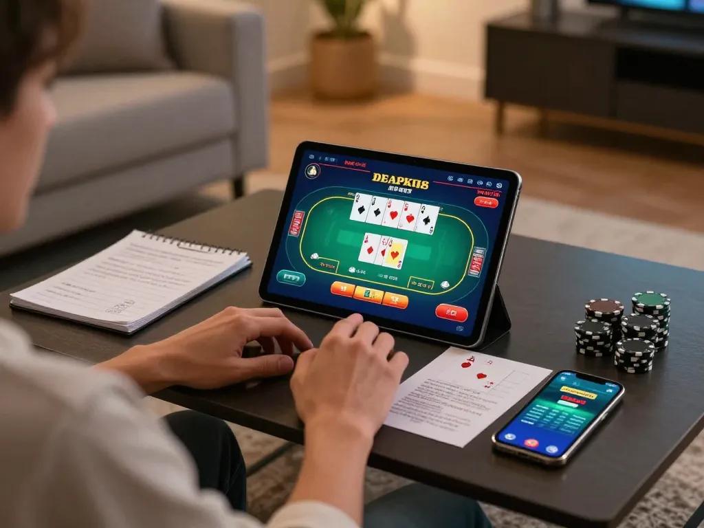 Engaged player exploring XX88 online casino gaming on tablet with strategic notes nearby.