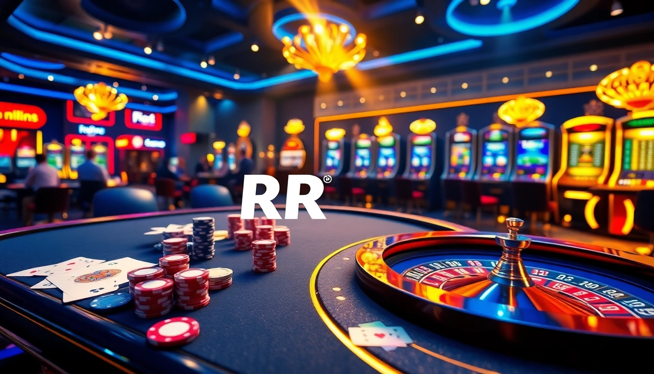 Exciting online gambling scene showcasing RR88 with casino tables, poker chips, and slot machines.