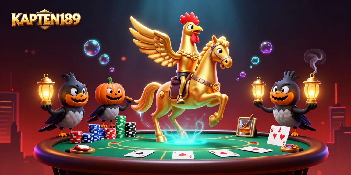 KAPTEN189 mempersembahkan ilustrasi kasino digital yang menampilkan permainan poker dan karakter menarik.