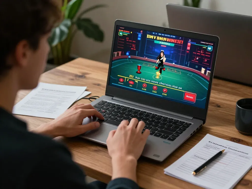 Player strategizing for LGOSUPER online gaming in a cozy home office setup