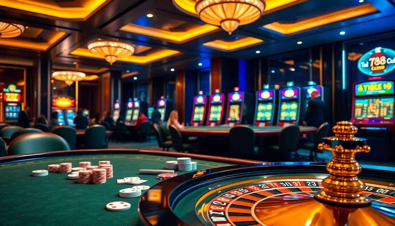 Experience the thrill of the ta88 club with luxurious casino visuals, featuring gaming tables and vibrant slot machines.