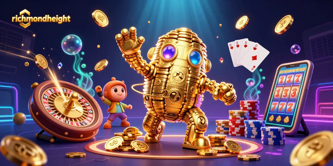 Menggambarkan permainan kasino dengan simbol slot di tubuh golem emas, richmondheight penuh gemerlap dan koin.