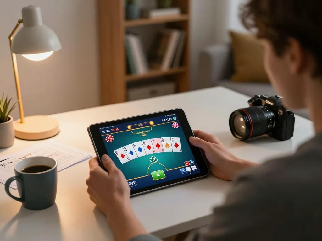 Engaging in online casino games at home, player exploring sc88 tablet interface.