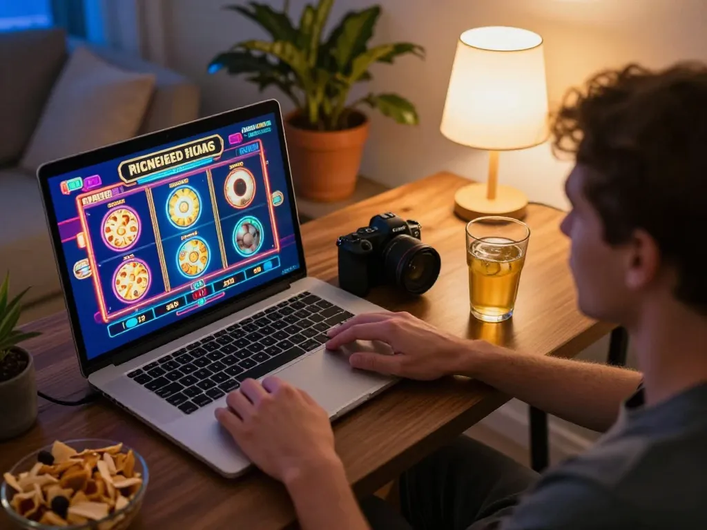 Person engaging in situs slot online gaming on a laptop at home, emphasizing a relaxed environment.