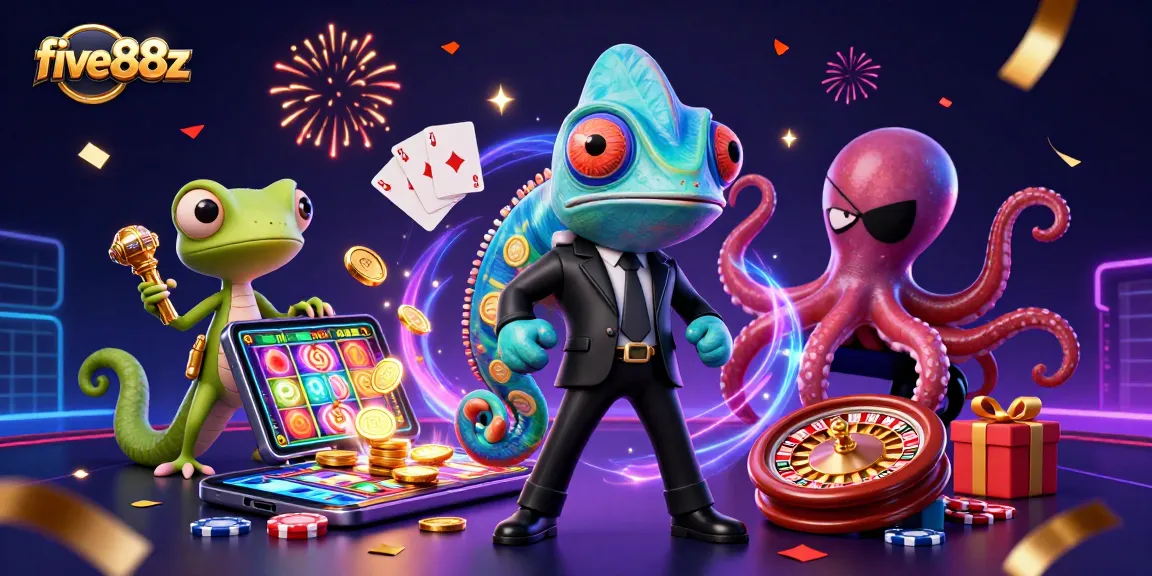 Experience five88z excitement with a vibrant casino scene featuring colorful slot games and dynamic characters.