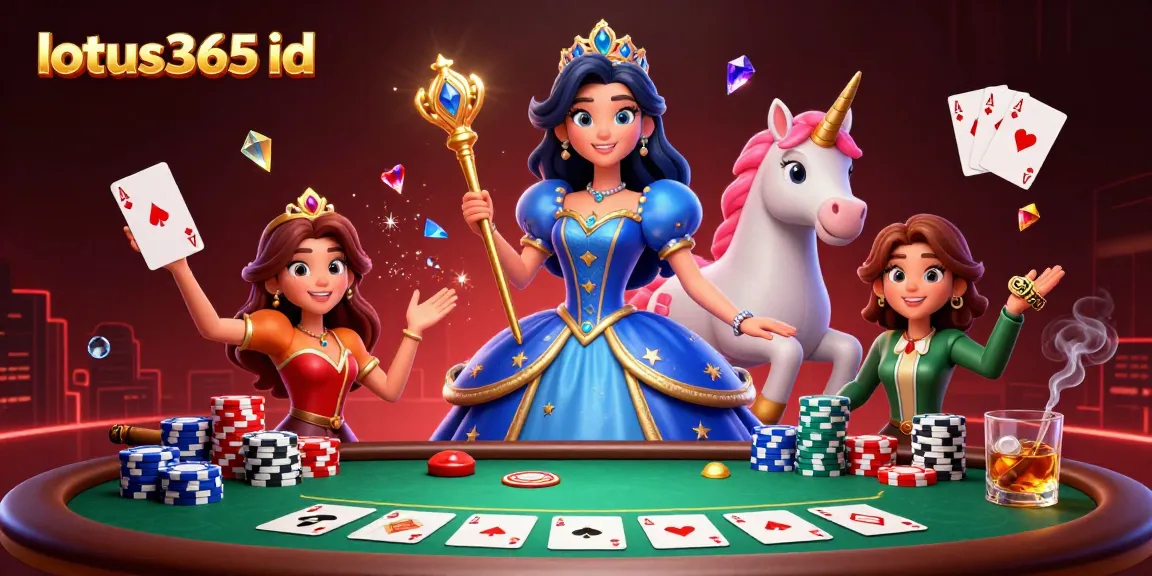 Engage with lotus365 id for thrilling casino action with a stunning 3D illustration of a royal blue gown and poker elements.