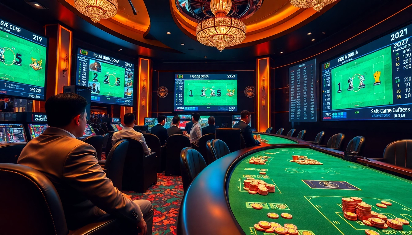 Situs Judi Bola Piala Dunia 2027 showcases bettors strategizing in a luxurious sportsbook atmosphere.