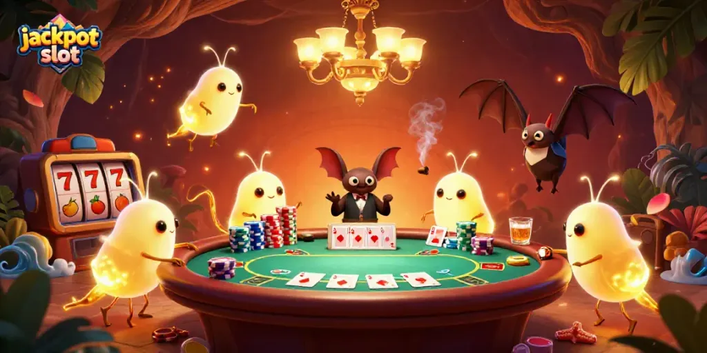 Experience the excitement of jackpot slot games with vibrant glowworms lighting a casino scene.