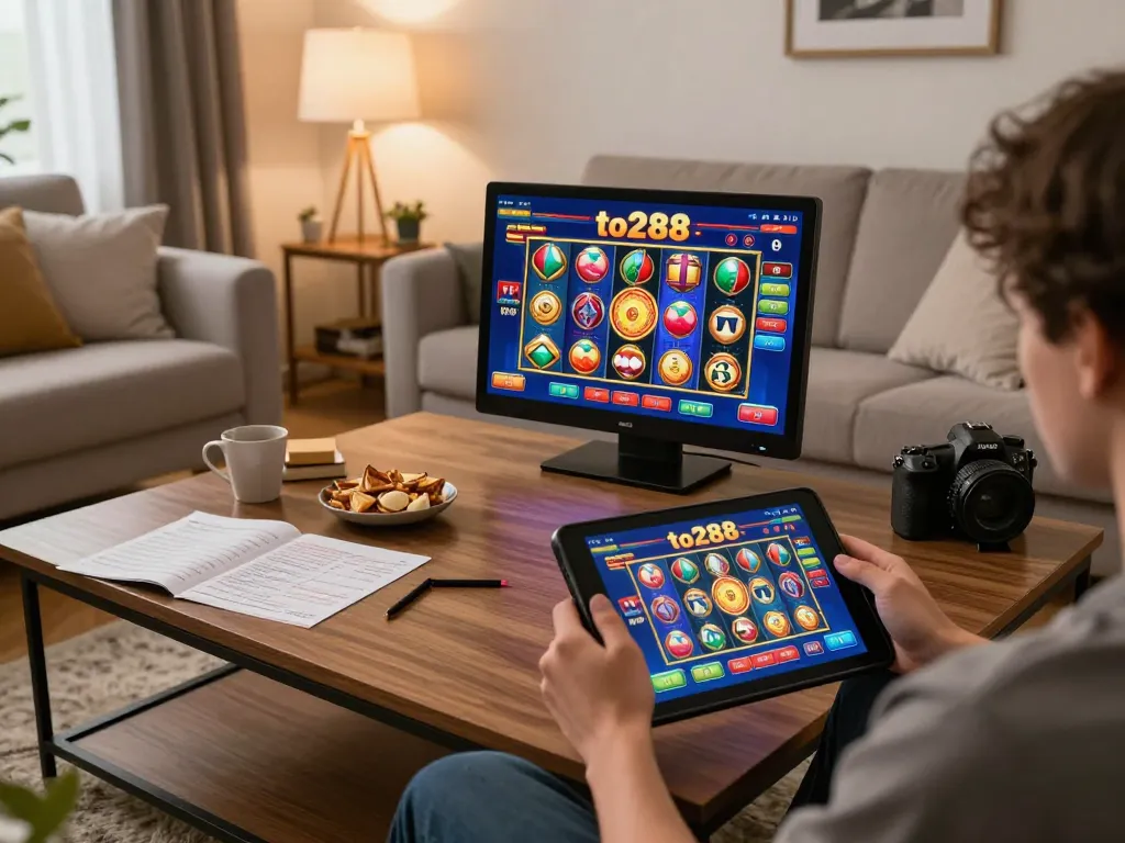 Player engaging with the to288 online slot game on a tablet, highlighting strategic gameplay in a cozy home setting.