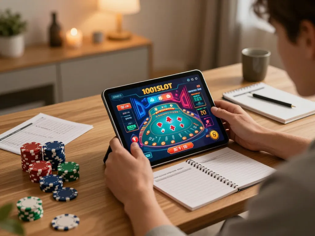 Engaging with 1001SLOT online gaming from home, showcasing strategic gameplay using a tablet.