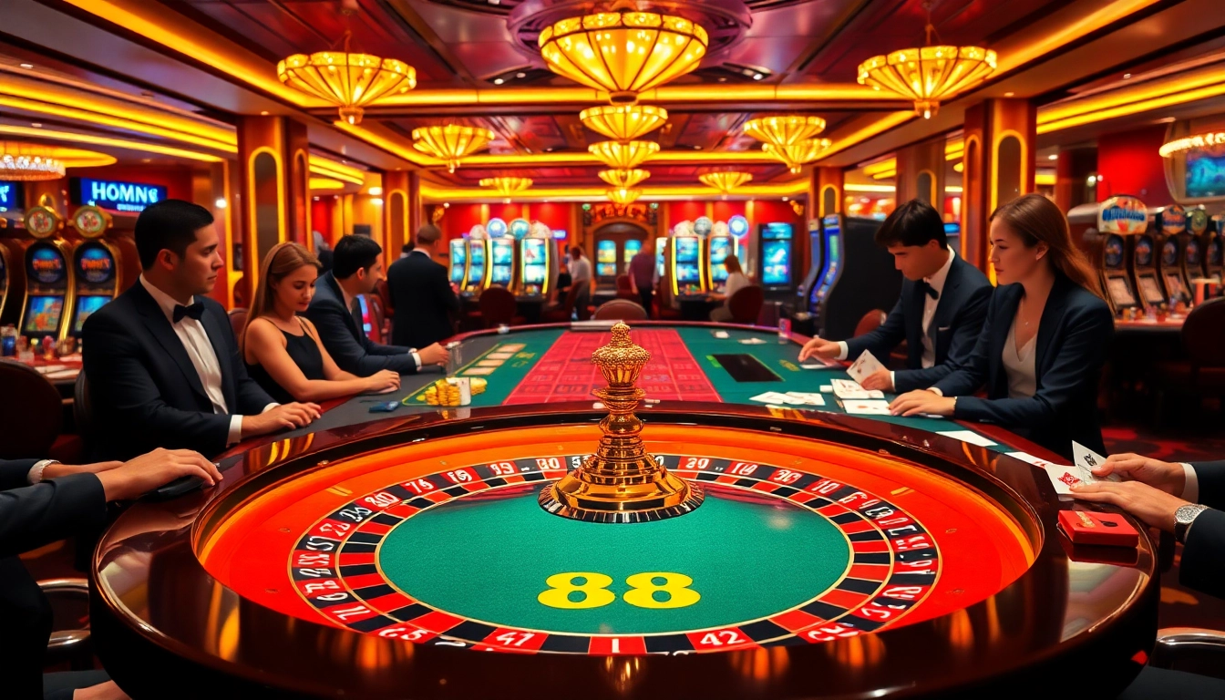 K88 casino experience featuring roulette table, card games, and vibrant ambiance.