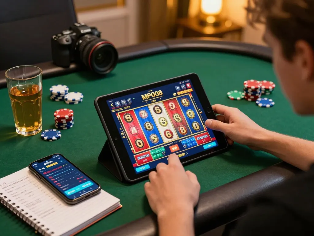 MPO08 player actively engaging with online slots on a tablet in a cozy home setting.