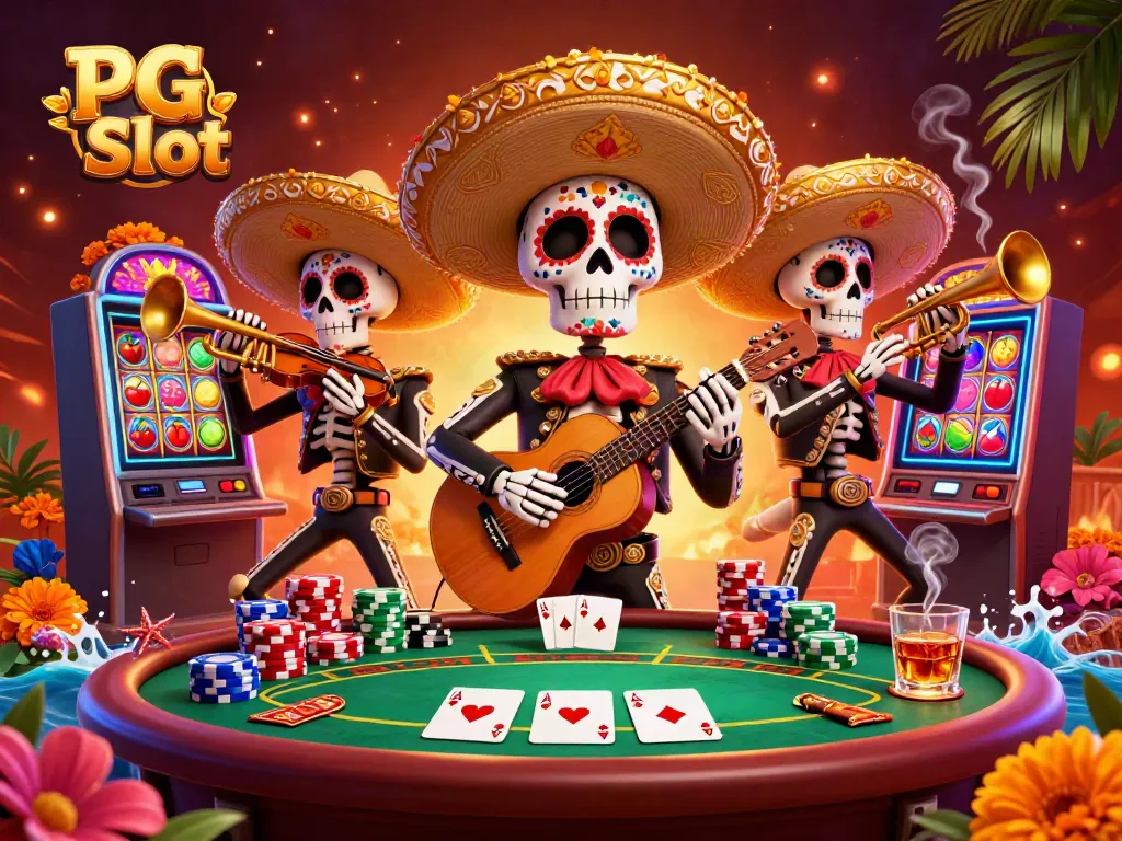 Experience excitement with PG Slot and colorful slot machines in a vibrant casino scene.