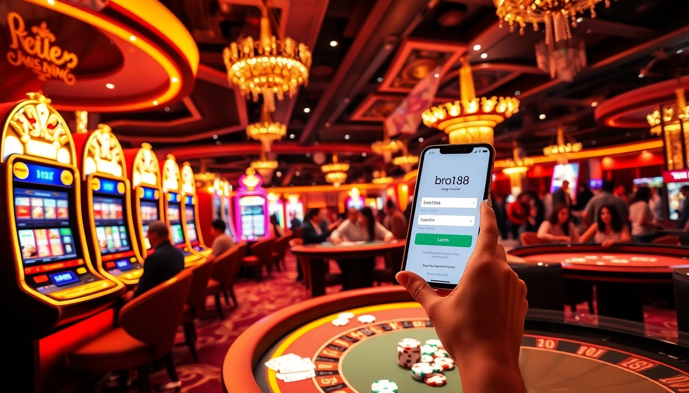 Excited player using the bro138 login at a luxurious casino filled with vibrant slot machines and tables.