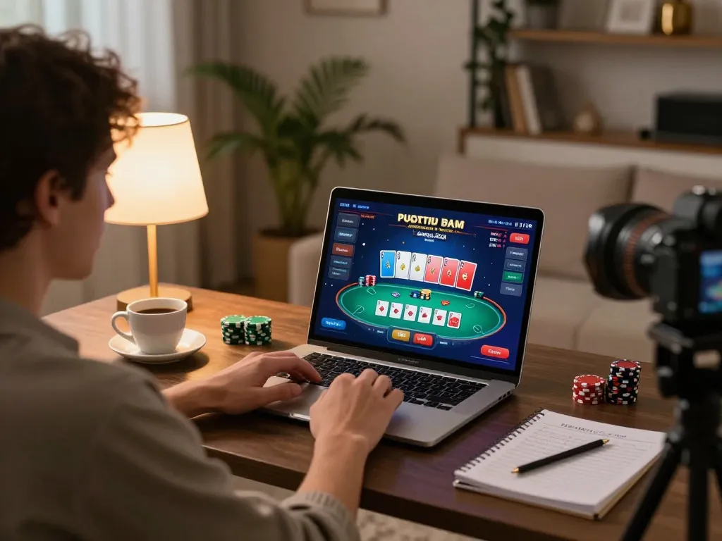 hitclub player engaged in online poker gaming session at home with laptop displaying vibrant game interface