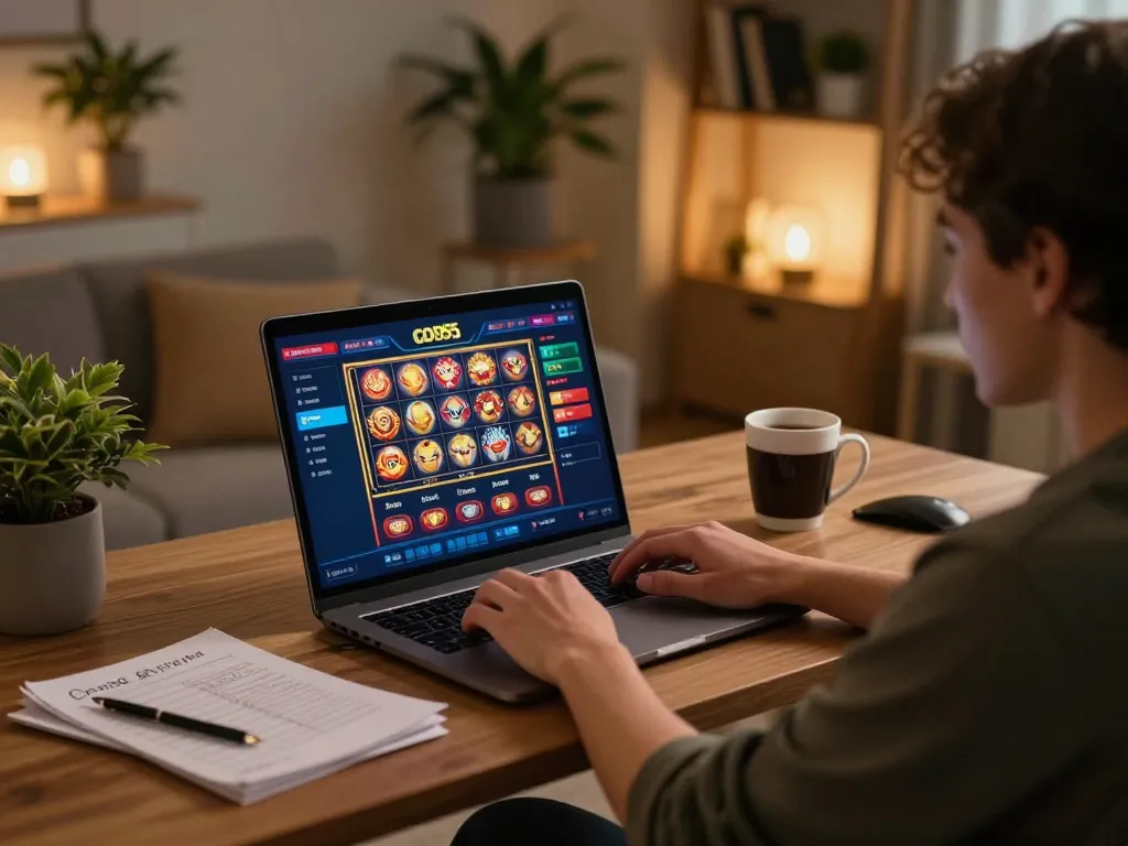 Engaging in online gaming at God55, showcasing a stylish home setup with casino interface and strategic notes.