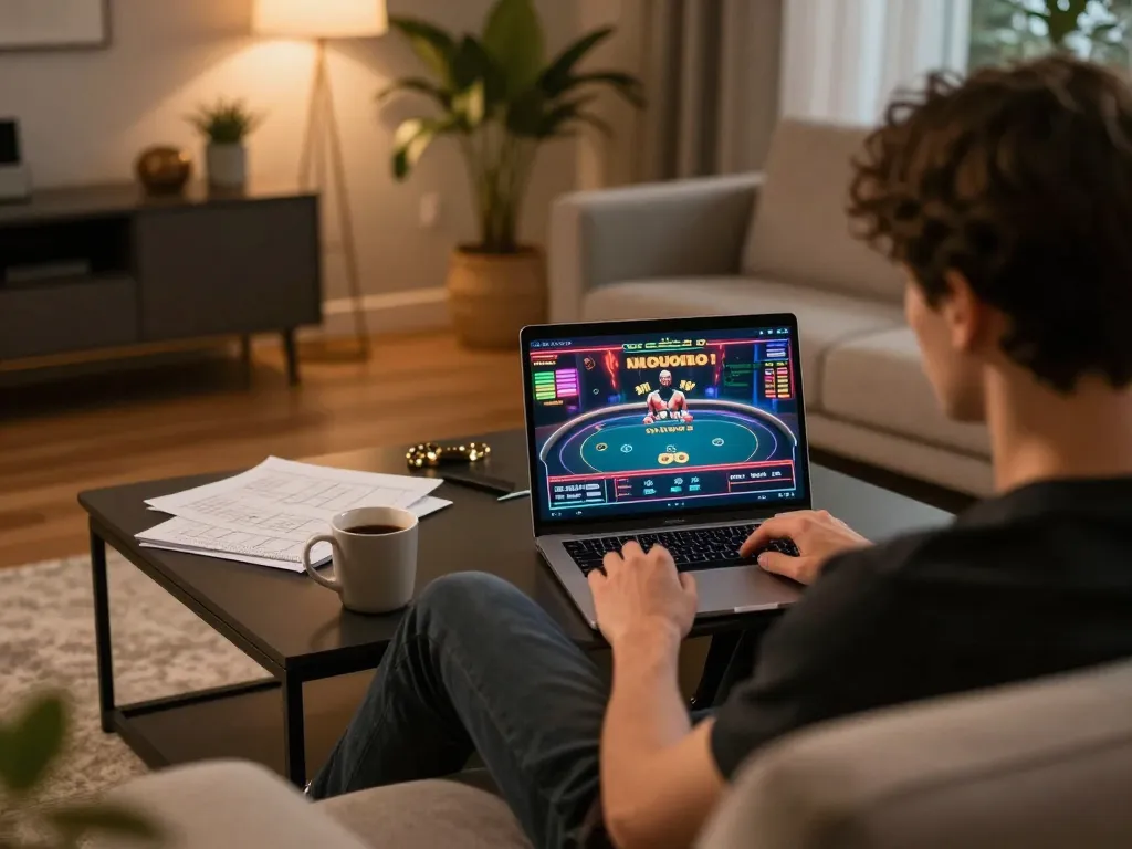 Engage in online gaming with tải b52 club on a modern laptop at home, featuring poker gameplay in style.
