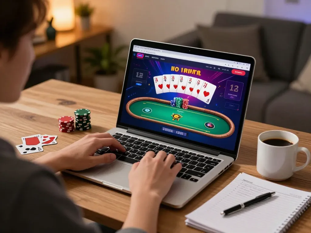 Engaged player strategizing in a rikvip online poker game at home, showcasing a dynamic gaming environment.