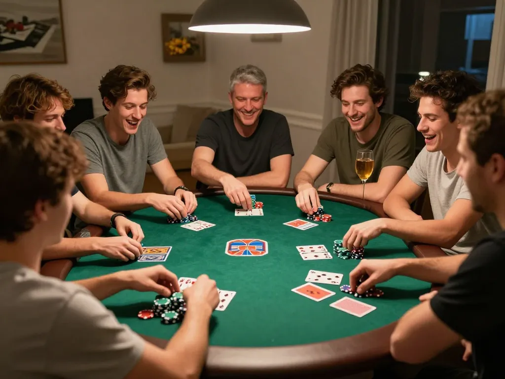 Friends enjoy a spirited poker game at home with PLANET88, showcasing excitement and camaraderie during gameplay