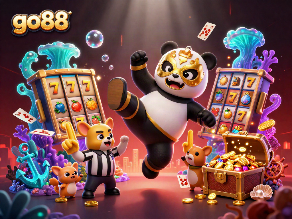 Experience the excitement of go88 with a dynamic wrestling panda scene featuring thrilling casino elements.