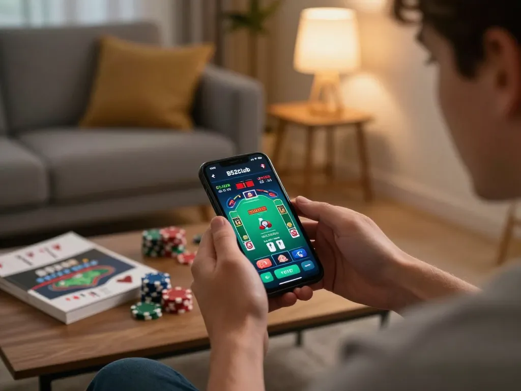 B52club player engaged in a poker game on a smartphone in a cozy home setting, focusing on online gambling.
