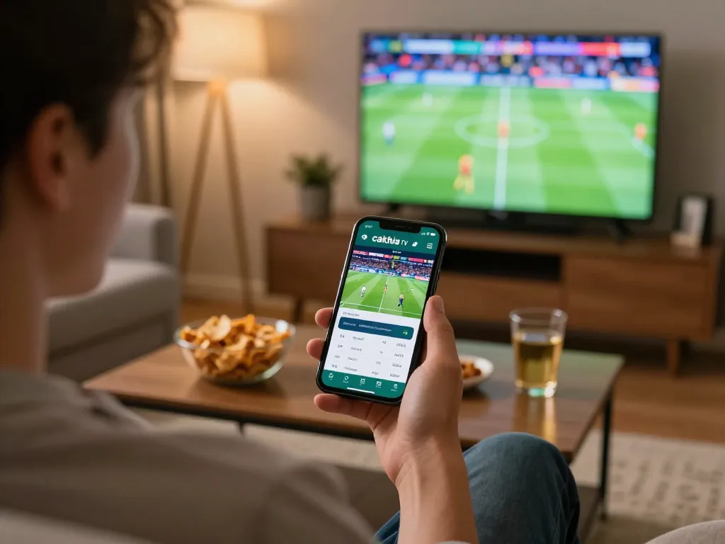 Engaged user enjoying cakhia tv sports betting app on smartphone in a cozy living room.