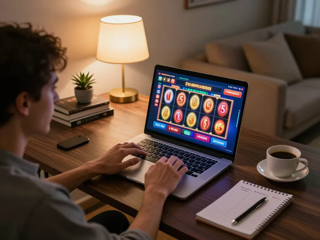 Experience thrilling online slots with Sunwin on your laptop in a cozy home setting.
