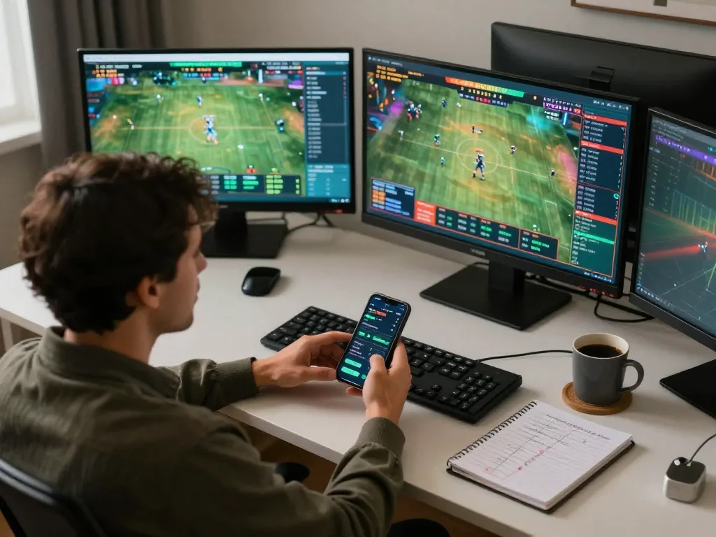Engaged player analyzing sports odds on 100VIP betting app in modern home setup