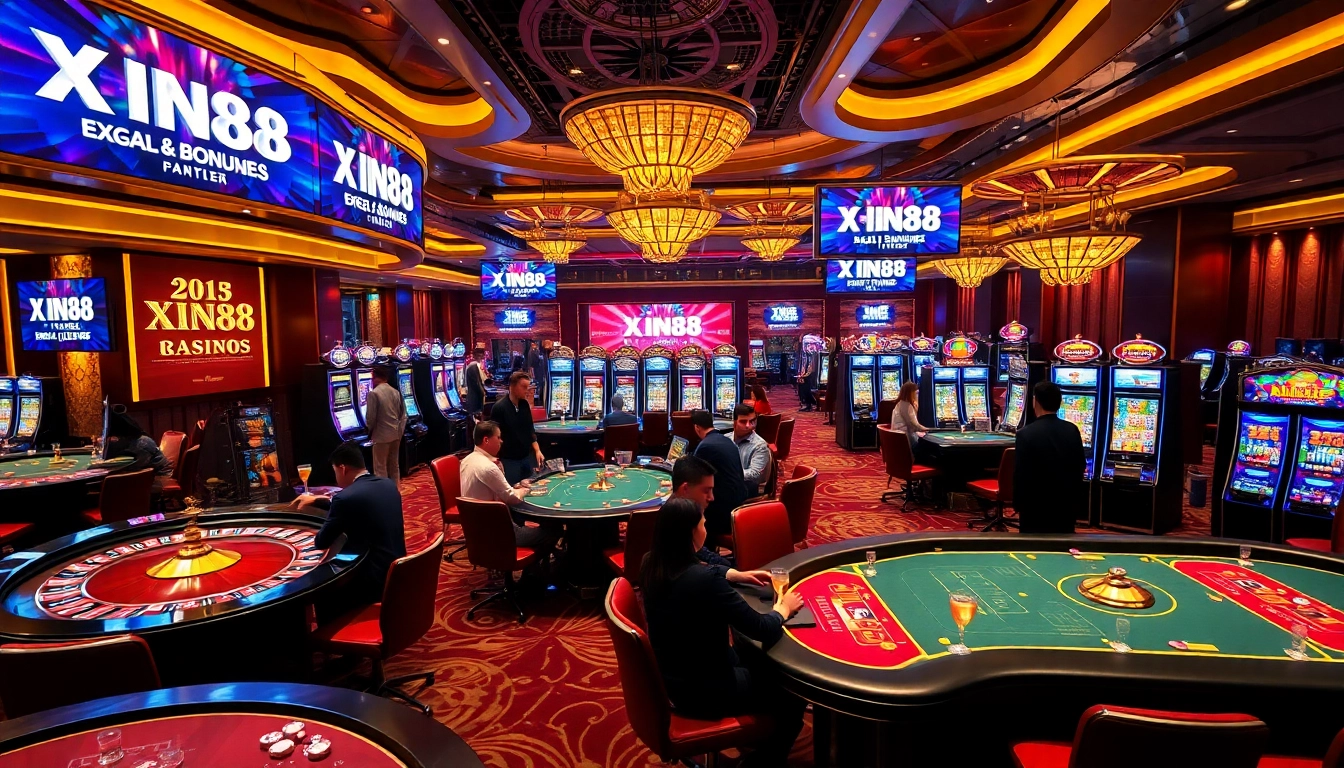 XIN88 players enjoying excitement at a vibrant casino with roulette and poker tables.