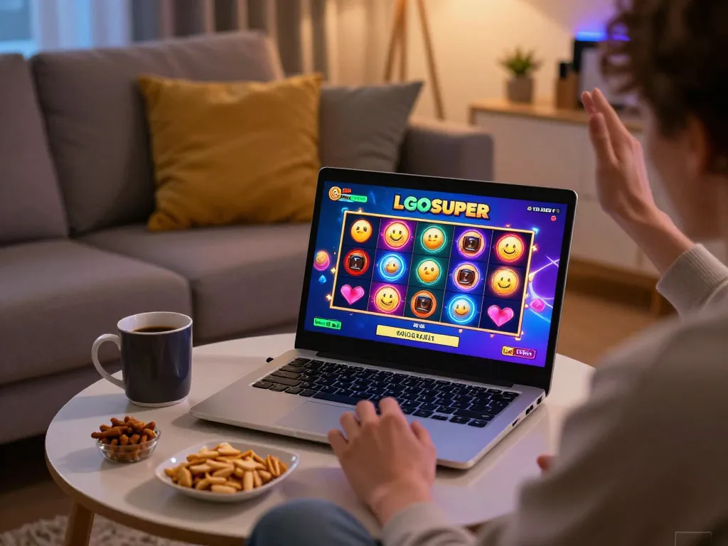 Engaged player enjoying LGOSUPER slot games on laptop with vibrant graphics.