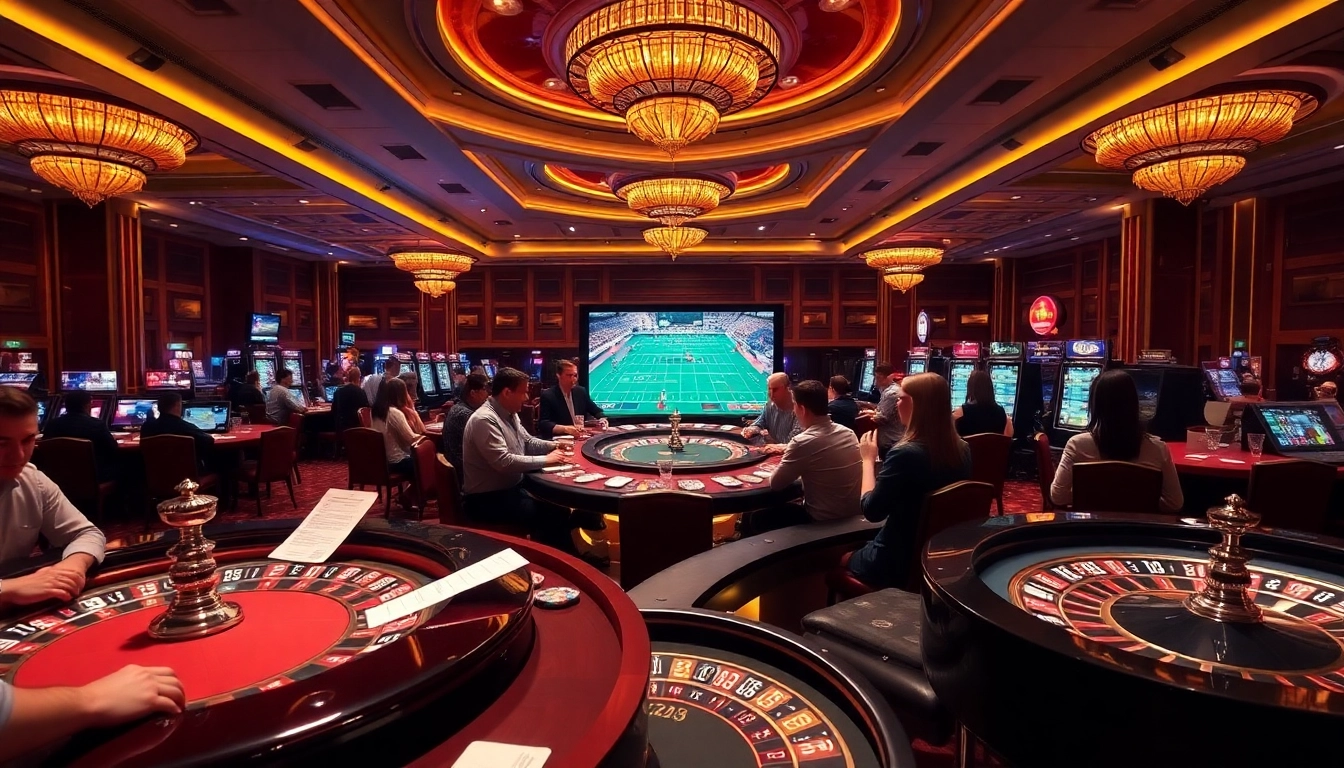Engaged gamblers analyzing kèo bóng đá trực tuyến in a vibrant casino betting area.