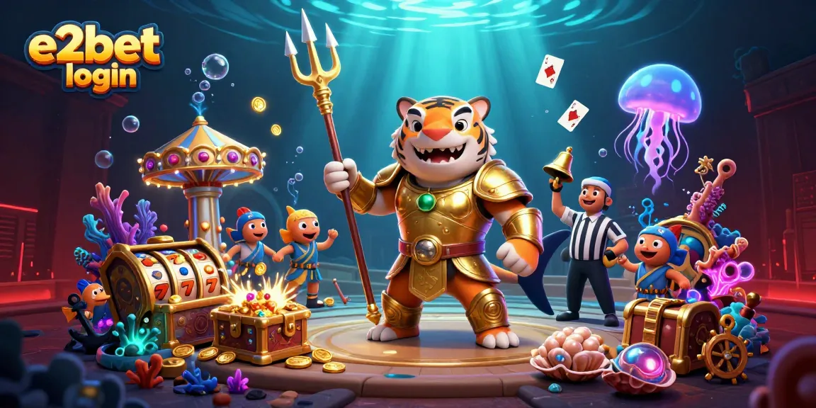 Engage in thrilling gaming adventures with e2bet login, showcasing 3D cartoon characters in an underwater casino scene.