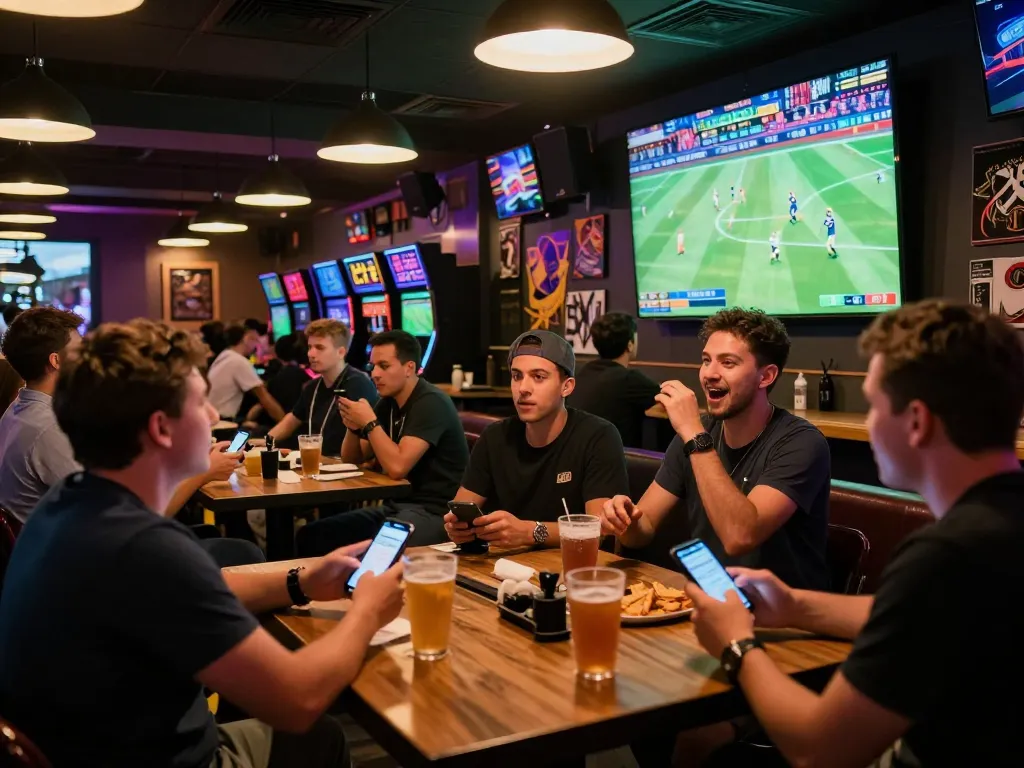 Fans engaging in passionate sports betting at a lively venue, placing bets on FC88 and cheering for their teams.