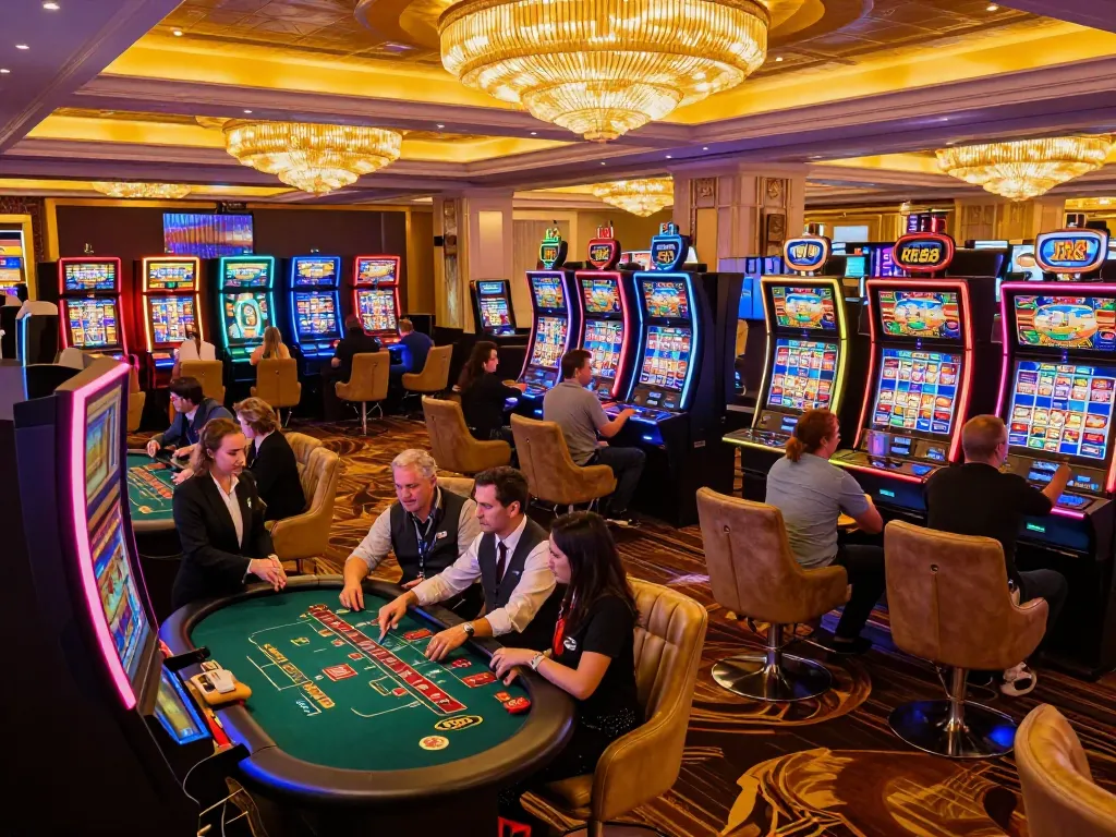 Players enjoying exciting slot machines at RR88 casino, celebrating wins and vibrant ambiance