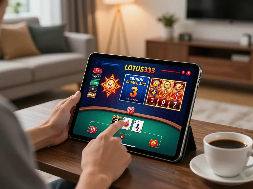 Player enjoying engaging games on LOTUS333 casino app from cozy home setup with tablet and coffee.