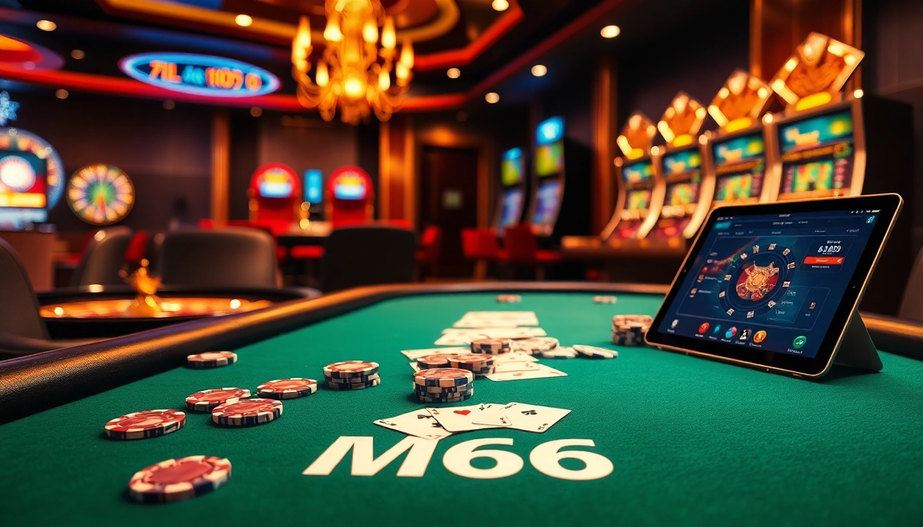 Experience the thrill of MB66 as players engage at a luxurious poker table surrounded by casino excitement.