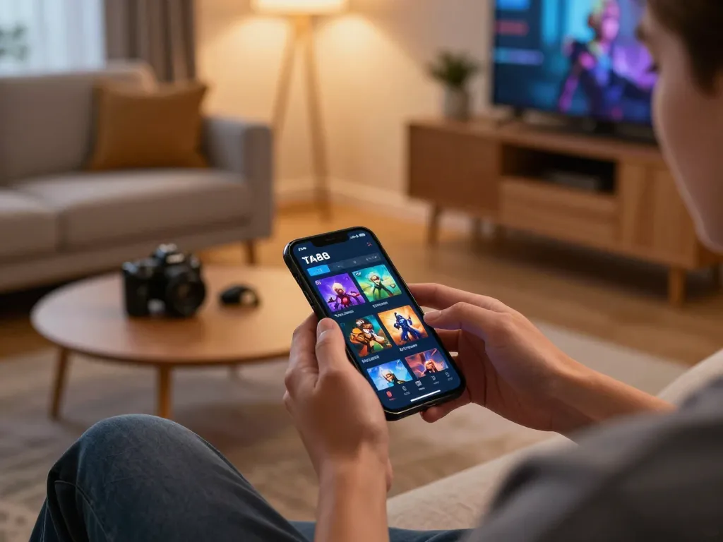 Engaged player exploring the TA88 app on their smartphone in a cozy gaming setup.