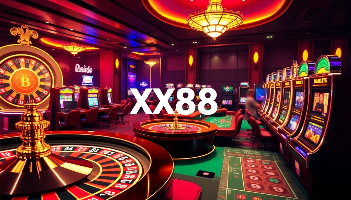 Experience the thrill of winning at XX88 with a lively casino scene showcasing roulette and poker.